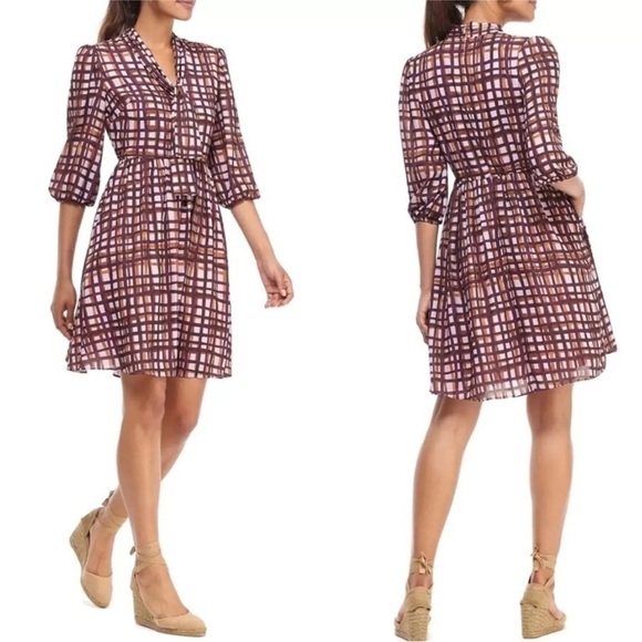 Gal Meets Glam Purple "Lindsey" Painted Windowpane Tie Neck Dress - Picture 1 of 15